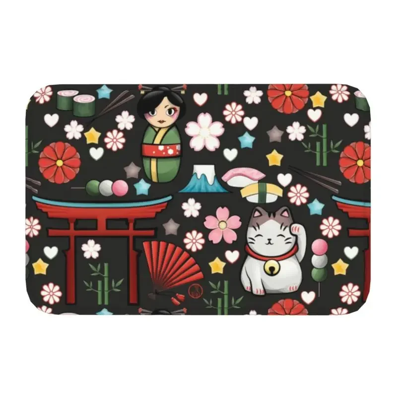 Custom Kawaii Maneki Neko Lucky Cat Doormat Non-Slip Entrance Bath Kitchen Floor Door Mat Japanese Geisha Art Garden Carpet Rug