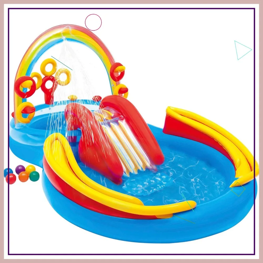 

9.75ft Kids Inflatable Pool with Water Slide, Rainbow Design & Ring Toss Games for Ages 2+ Outdoor Fun