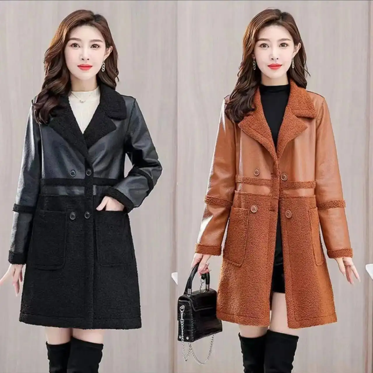 

Women's Double-Sided Faux Leather Jacket Loose Fit Mid-Length Thickened Autumn Winter Outerwear Fashionable Elegant Style