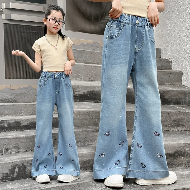 Retro Y2k Jeans Pony Embroidery Baggy Jeans Girls Vintage Low Rise Flared Denim Pants High Street Basic Trousers