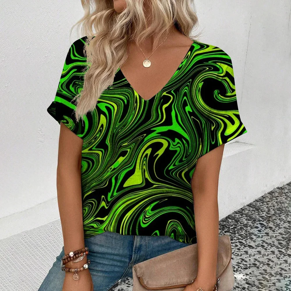 Kolorowe Tie-Dye damskie koszulki z nieregularnym olejnym malowanym odzież damska z krótkim rękawem t-shirty Oversize dekoltem w szpic