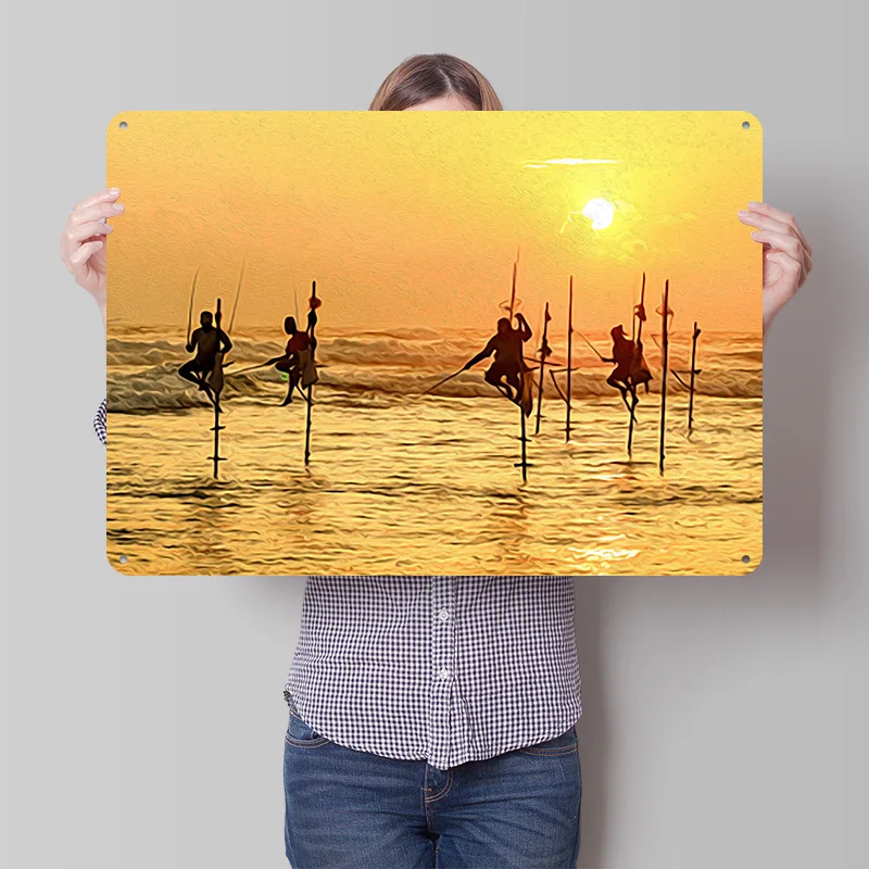 Stilt Fishing in Sri Lanka Personalized 3D Textured Metal Poster Wall Art Vintage Tin Signs for Living Room Decoration Items