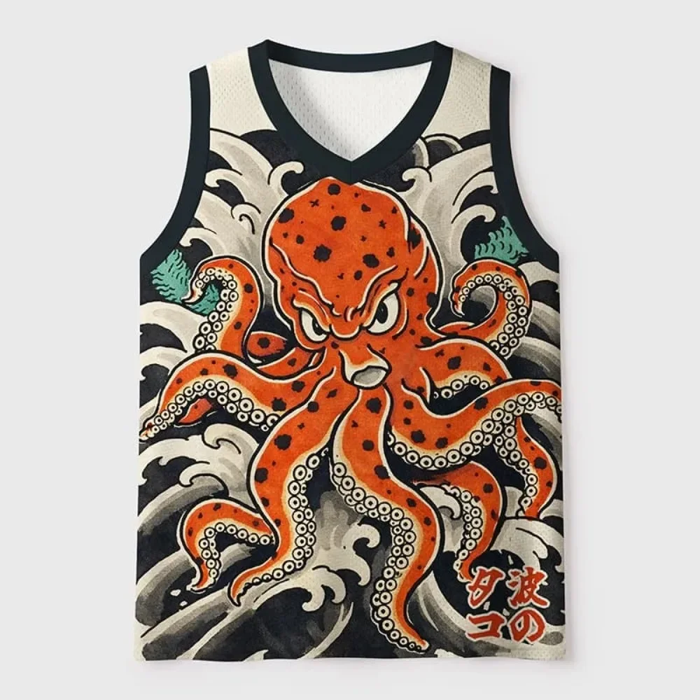Ukiyo-e Wave Red Octopus Pattern 3D Print Men's Vneck Large-size Vest Casual Street Fashion Outdoor Breath Quick-dry Sports Vest