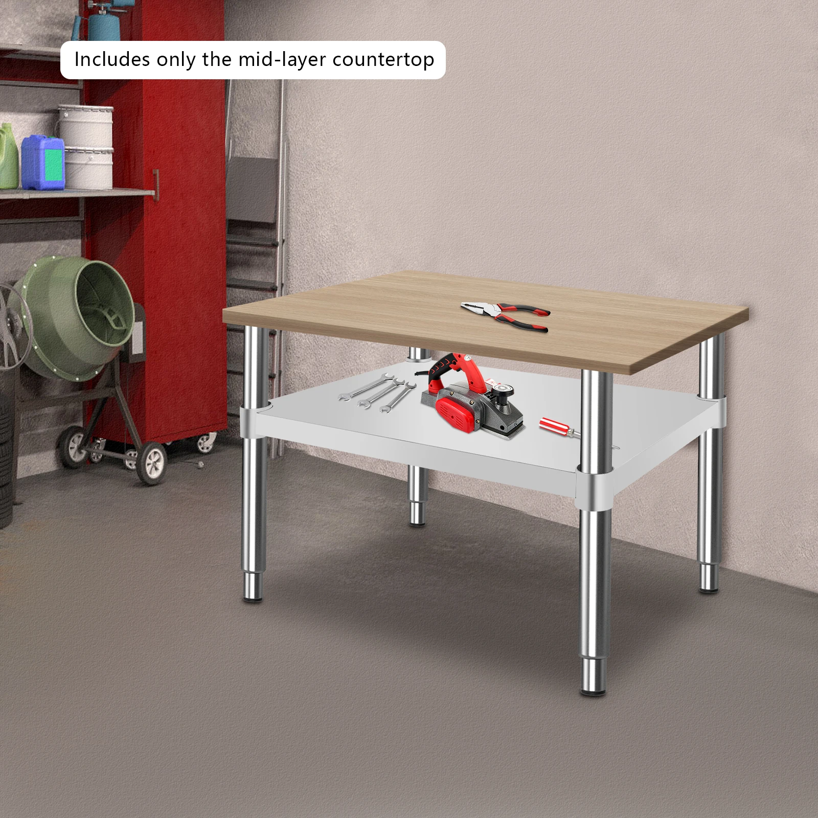 رف سفلي قابل للتعديل من الفولاذ المقاوم للصدأ باللون الفضي، طاولة عمل تحت الرف لطاولات العمل DuraSteel، بما في ذلك طاولات العمل القياسية #2