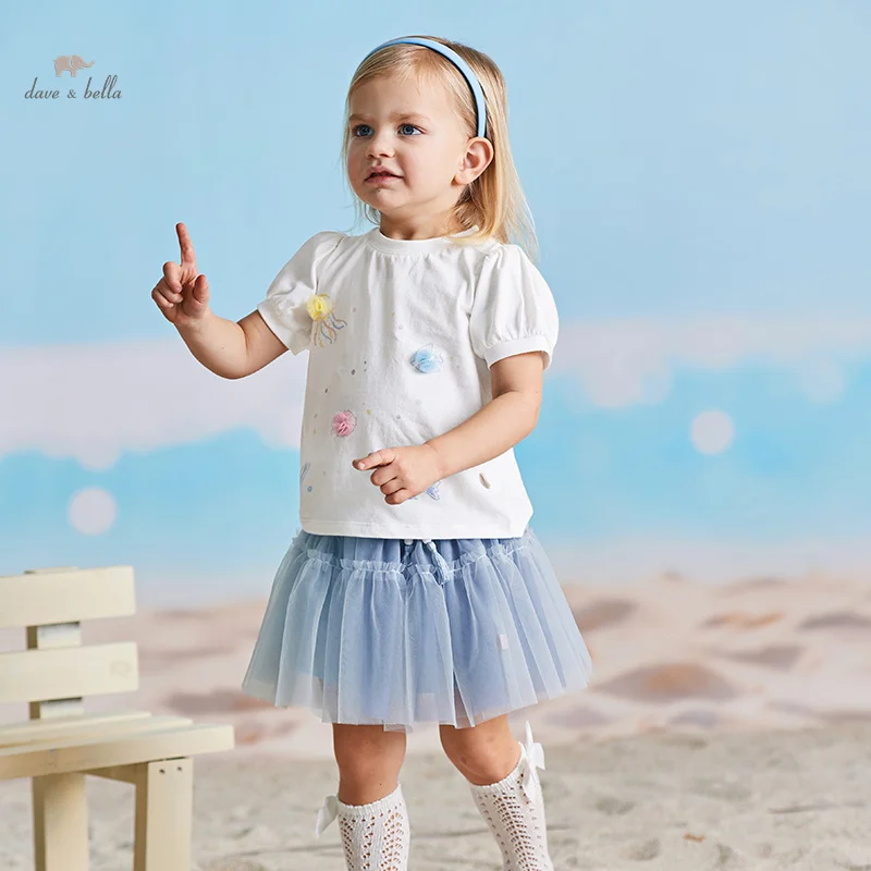 

Dave Bella 2024 New Summer Girl's Baby T-Shirt Children Top Cotton Puff Sleeves Sweet Casual Fashion Sport Undershirt DB2240497