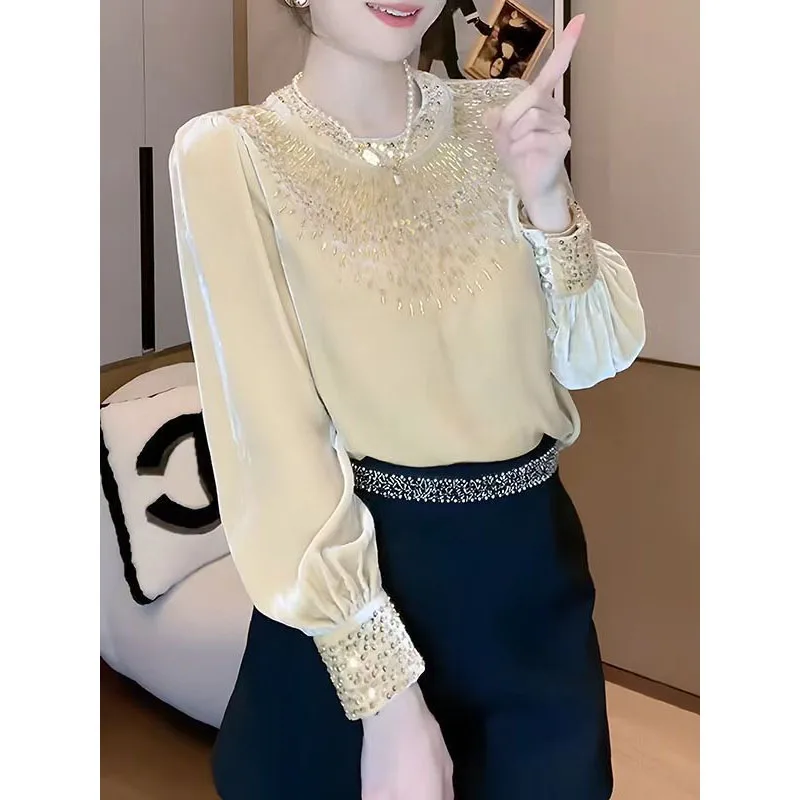 Spring Autumn New Women\'s Heavy Industry Hot Diamond Solid Color Crew Neck Versatile Fashion Loose Long Sleeve Chiffon Tops