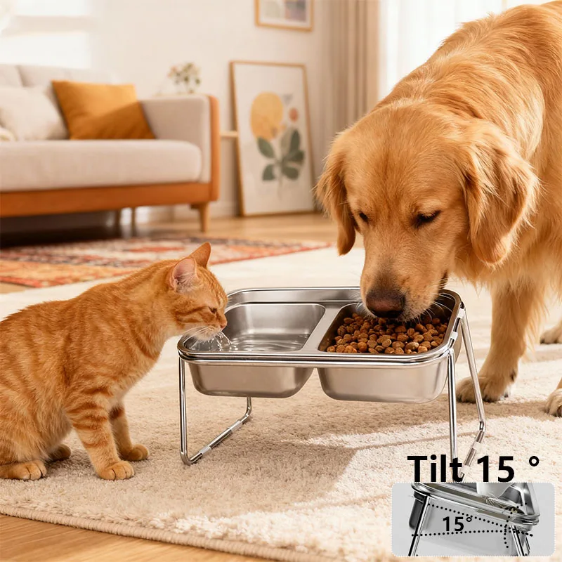 

304 Stainless Steel Cat Bowl 15° Inclined Double Bowl Anti Slip Pet Water and Food Bowl Cat AndDog Anti Black Chin Easy To Clean