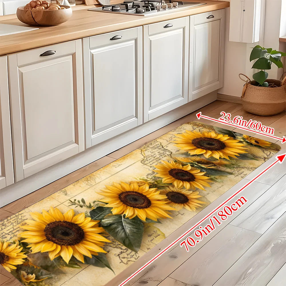 VIKAMA Flowers and Plants Kitchen Mat, Flannel Autumn Sunflower Strip Rug, Laundry Room, Bathroom, Outdoor and Indoor Home Decor