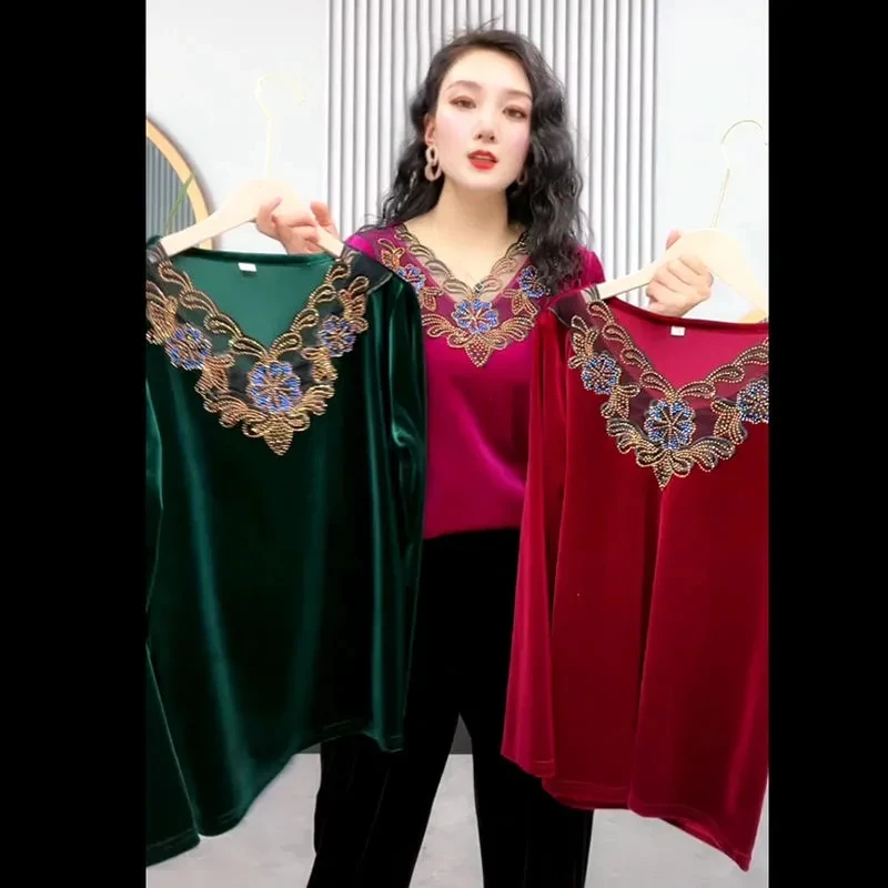 XL-6XL Gold Velvet T-shirts Autumn Winter New Women Long Sleeve V-neck Lace Shirt Middle-Aged Elderly Mother Fashion Velvet Tops