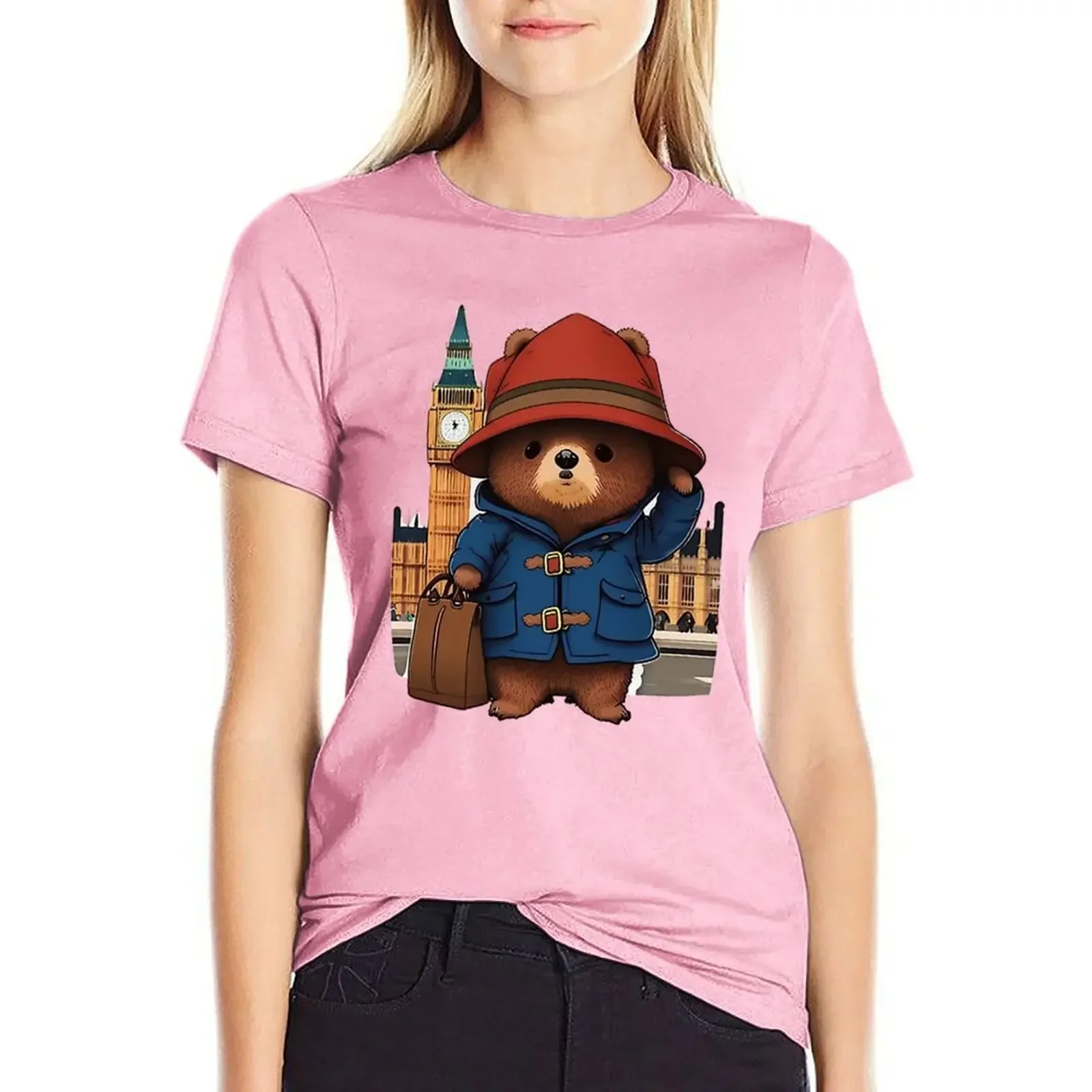 Paddington Bear in London Printed T-shirt Ladies Casual Everyday Clothes Summer Short Sleeve Crewneck Clothing