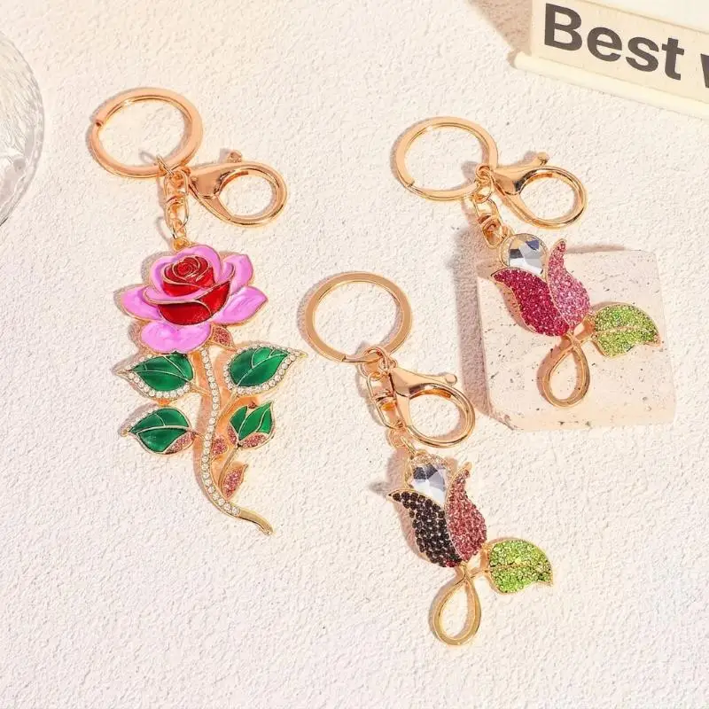 Blumen-Schlüsselanhänger, mehrfarbig, mit Strasssteinen und Kristallen, Auto-Schlüsselanhänger, Damen-Handtaschenanhänger, modisches Rucksack-Accessoire, Souvenir-Geschenk, Rosa – Detail 1