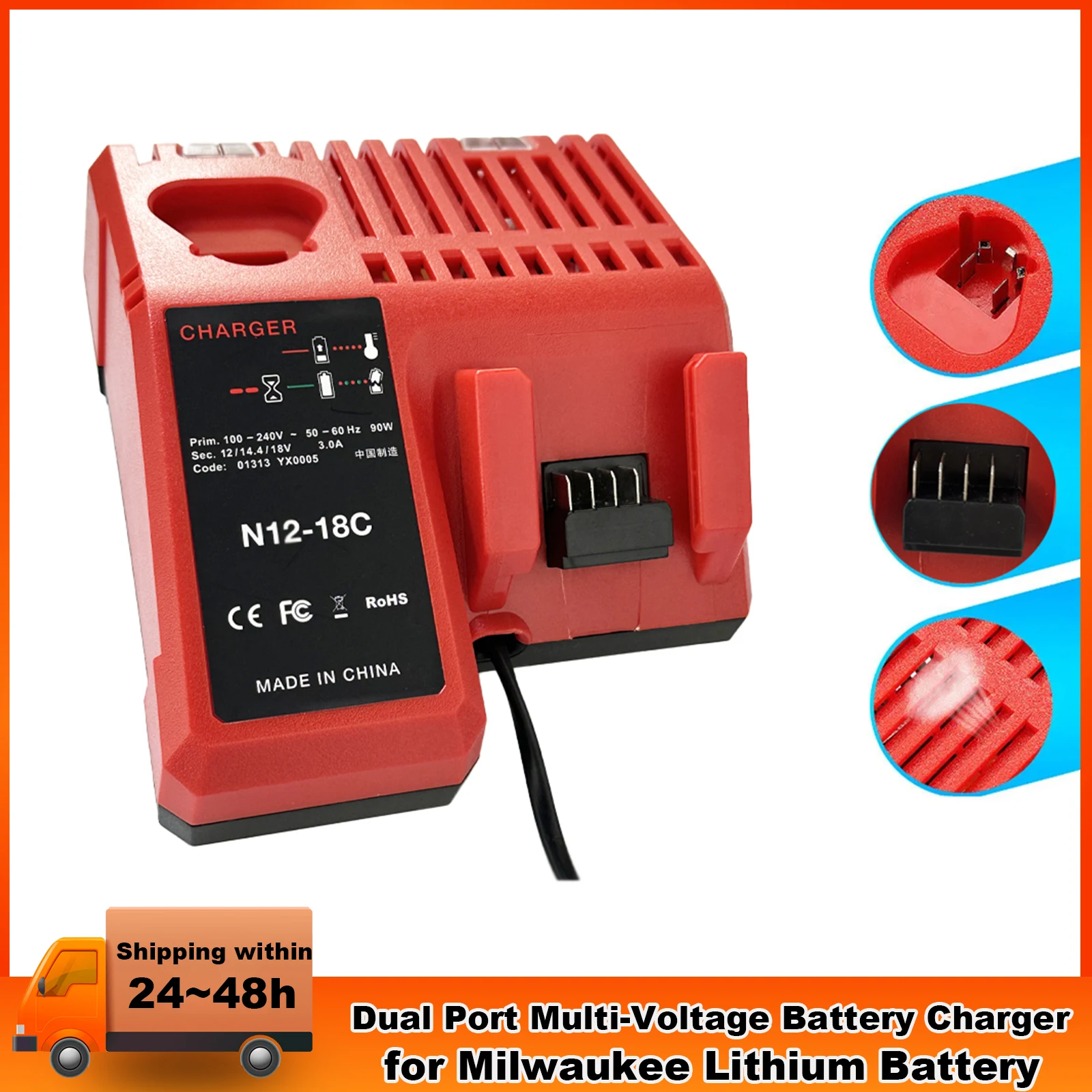 NEW Dual Port Multi-Voltage Battery Charger for Milwaukee N12-18C Li-ion 14.4V 18V C1418C 48-11-1815 M12/14/18 Lithium Battery