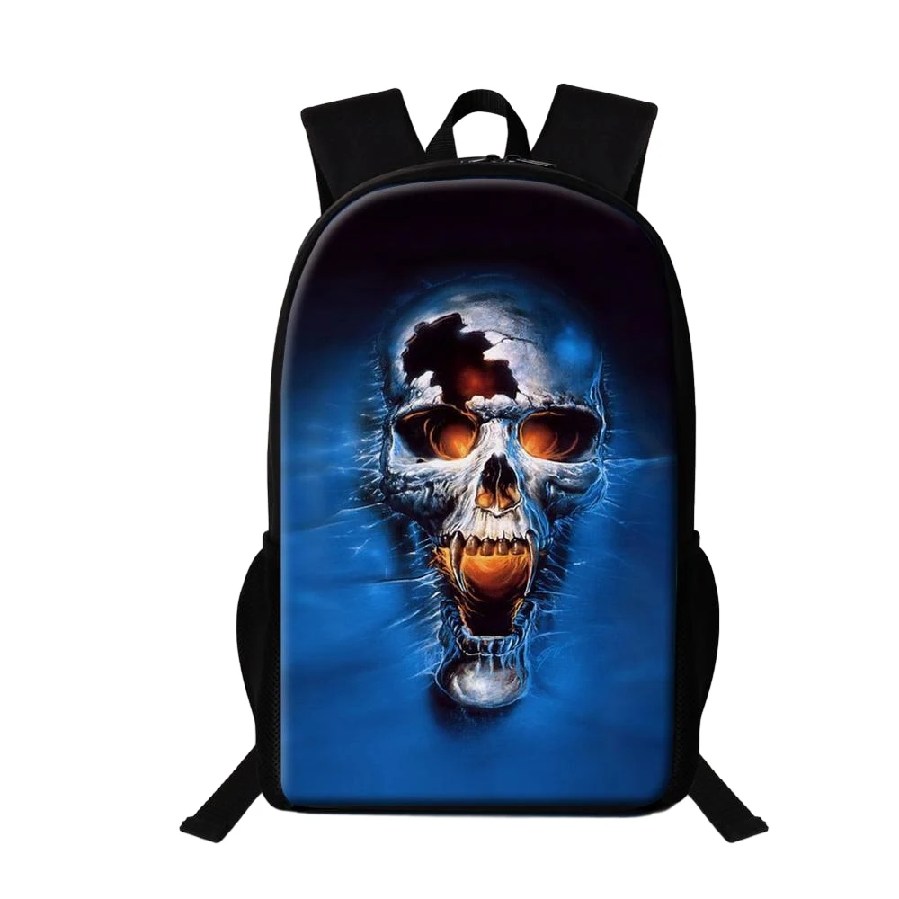 Sac à dos d'impression bleu tête de mort 3D, sac d'école pour adolescent, sac à dos cool pour hommes, sacs de livre de voyage pour enfants, sacs à dos pour enfants, 16 pouces