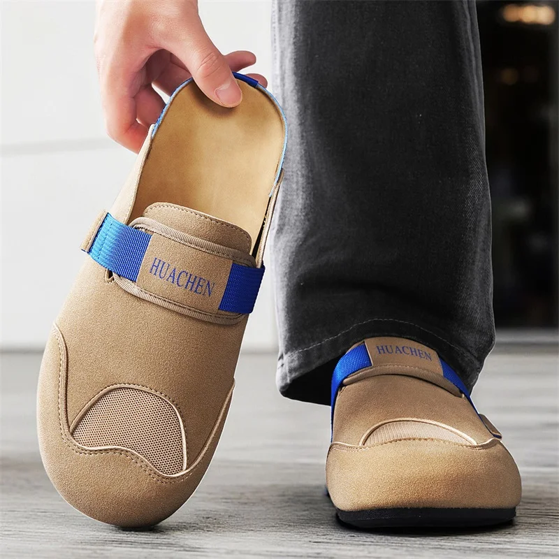 Trendy New Men'S Fashionable Slippers Anti Slip Soft Soled Boken Shoes Frosted Leather Slippers British Retro Style Flat Shoes
