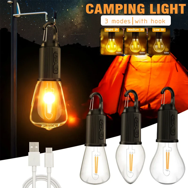 

Outdoor USB Rechargeable LED Lamp Bulbs With Hook Bright Emergency Light Hook Up Camping Fishing Portable Lantern Night Lights