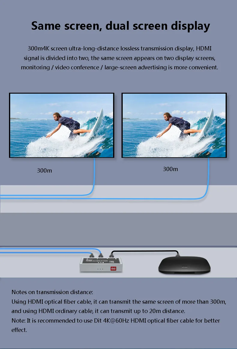 DTECH High-definition 4Kx2K@60Hz HDMI Splitter 1x2 Support HDCP2.2 Audio Video Equipment Splitter