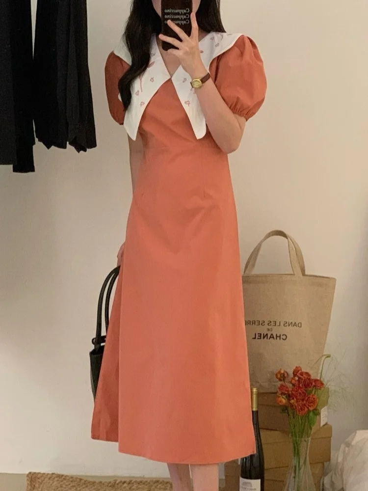 발레 슬리브 드레스 자수 나비 칼라 헵번 스타일 롱 스커트 한국 스타일 봄 여름 가을 겨울 유니버설