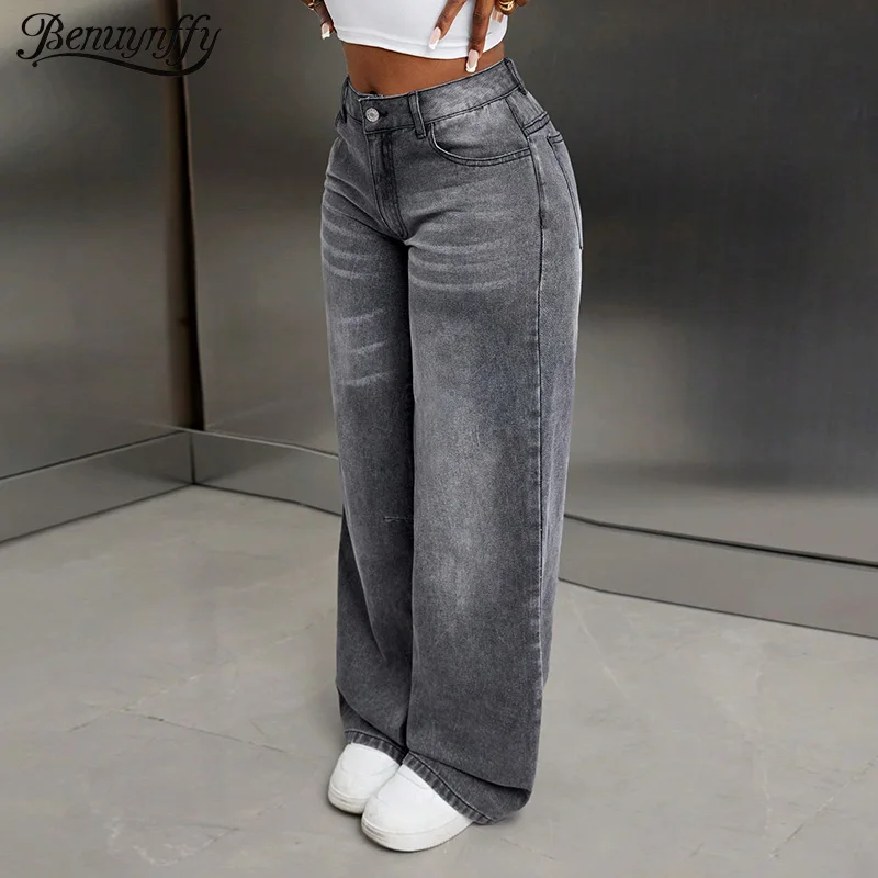 

Benuynffy, новая уличная одежда, винтажные потертые мешковатые широкие джинсы, модные женские прямые джинсовые брюки Harajuku со средней талией, 2025 г.