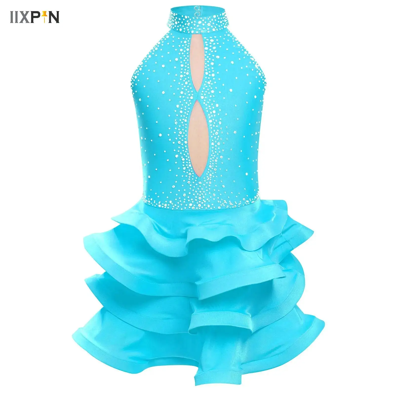 

Child Girls Latin Dance Dress Sleeveless Shiny Rhinestones Tiered Latin Dance Clothes Salsa Costume Ballroom Tango Dresses