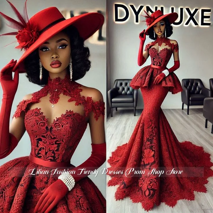 Maßgeschneidertes rotes Spitzen-Vintage-Hochzeitskleid, glamouröses Vintage-Meerjungfrauen-Hochzeitskleid, afrikanisches Owambe-Party-Geburtstagskleid, roter Teppich