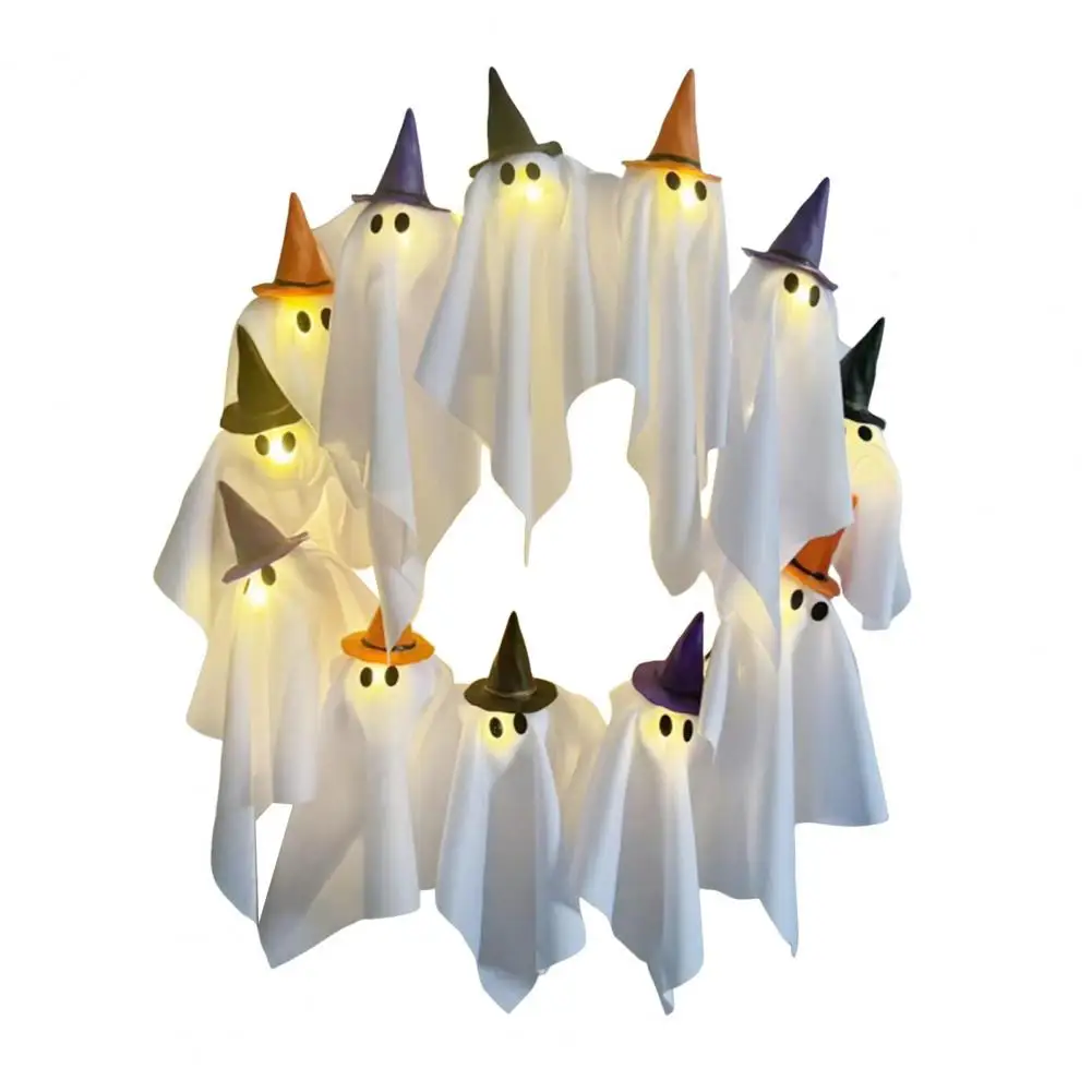 

Glowing Led Wreath Ghost Wreath Halloween Decor Spooky Halloween Ghost Wreath Set 12 White Ghosts with Witch Hat Led for Indoor