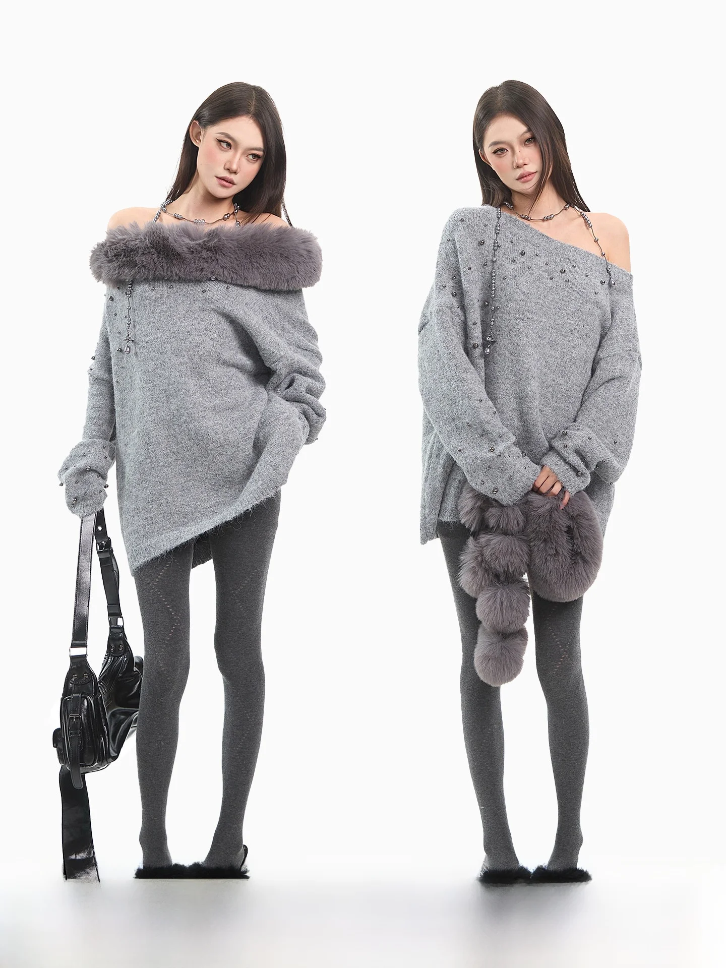 

ey Beautiful One-oulder Beaded Knitted Sweater Women Winter Sexy Side oulder Top Loose Fit Long Sve Casual Sle