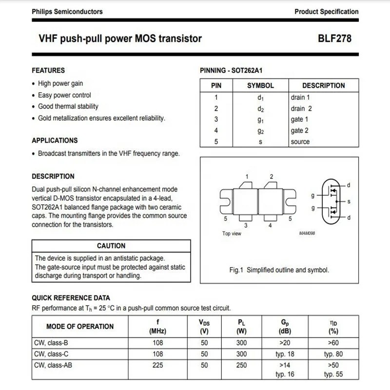 BLF278 SOT262A1 - VHF push-pull power MOS transistor