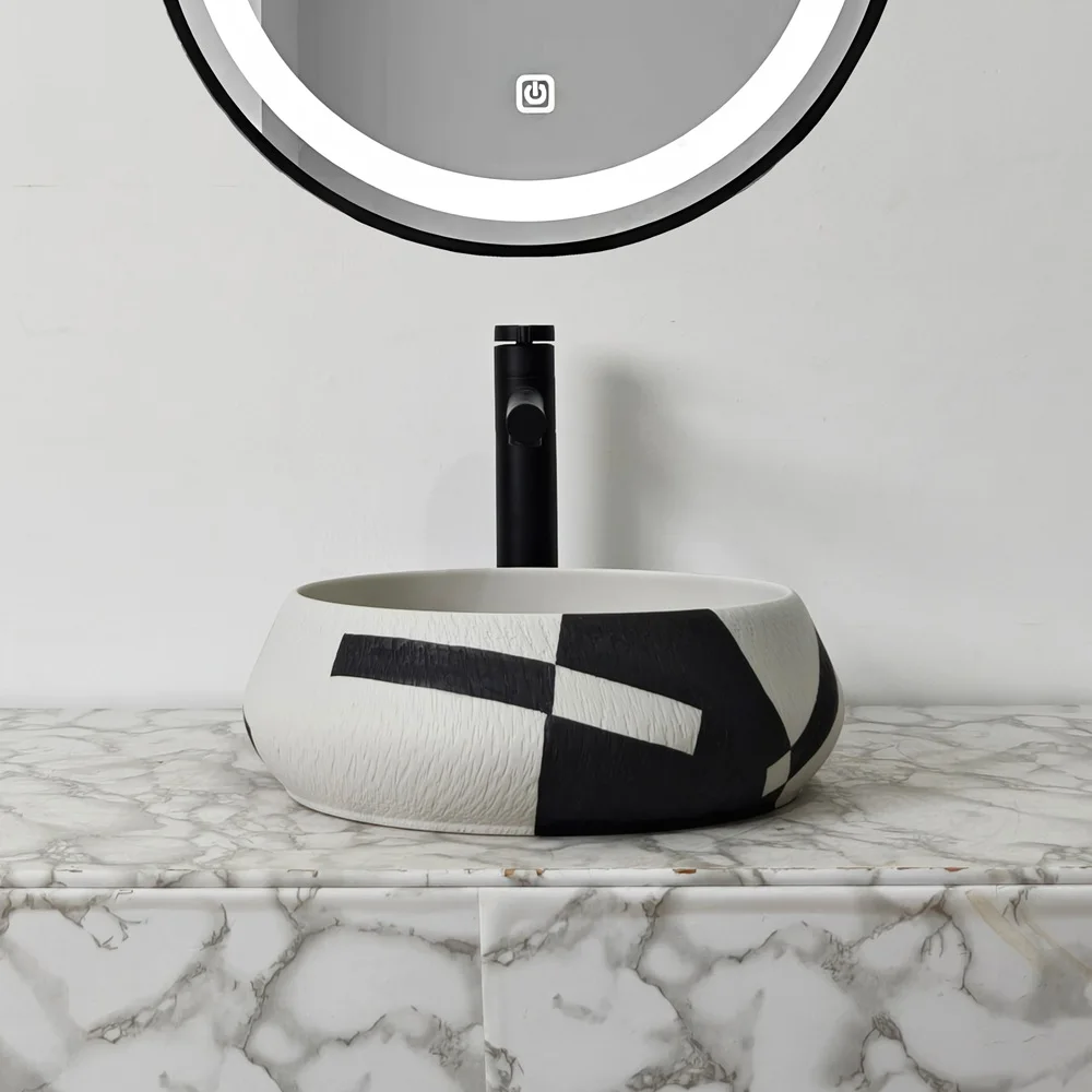 Black and white antique ceramic table basin household hand wash basin antique art simple round washbasin