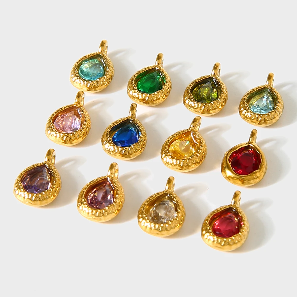 Colorful Teardrop Cubic Zirconia Pendant Hammered Texture 18K Gold Plated Stainless Steel DIY Jewelry Making Accessories