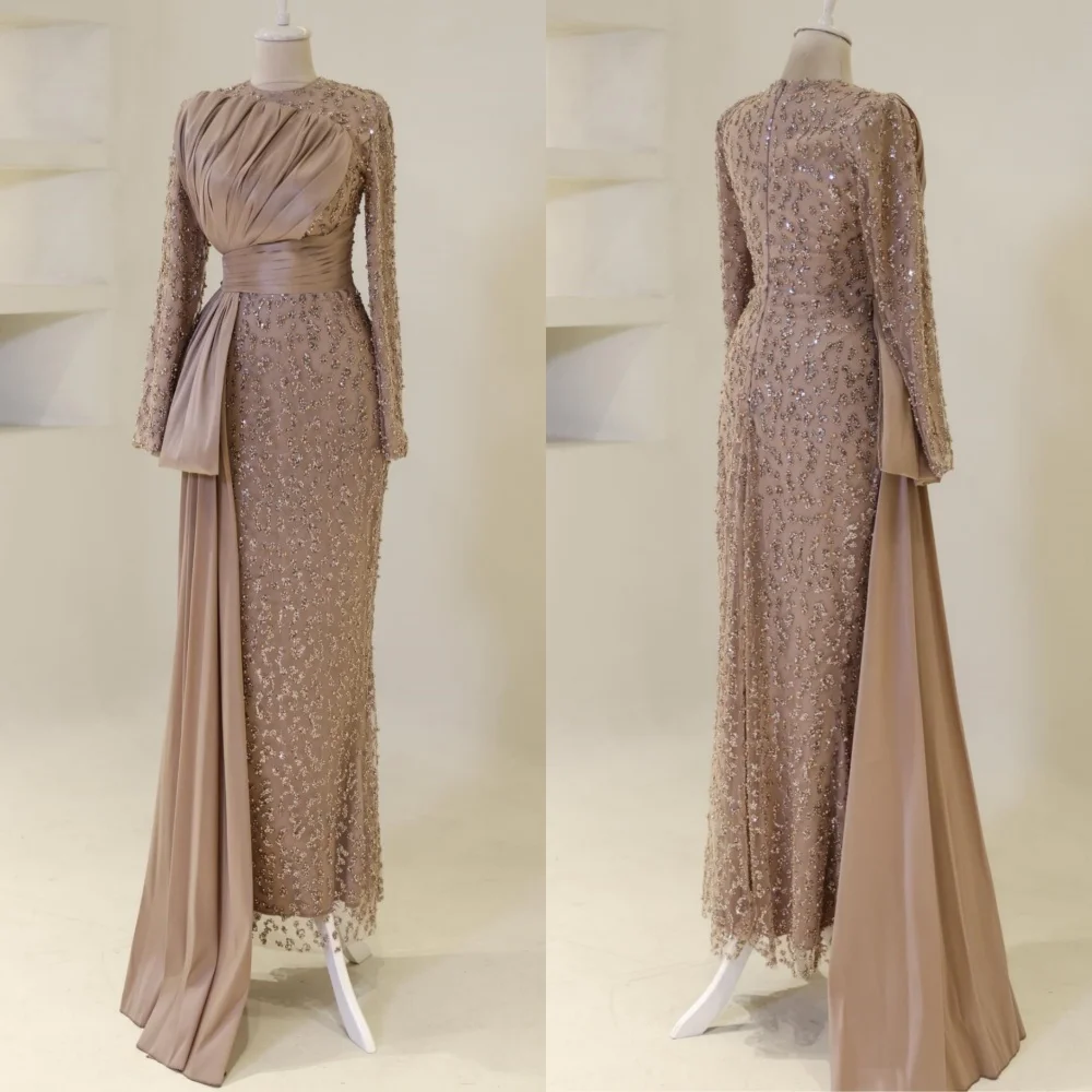 

Customized Elegant Exquisite Jersey Sequined Pleat Straight Scoop Neck Long Dresses Bespoke Occasion Casual