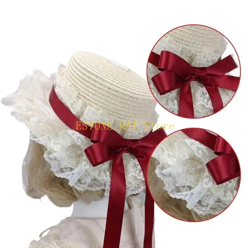 49MF Victorian Lace Designs Straw Bonnet Hat For Women And Girls With Ribbon Bowknot For Cocktail Party And Cosplay Event