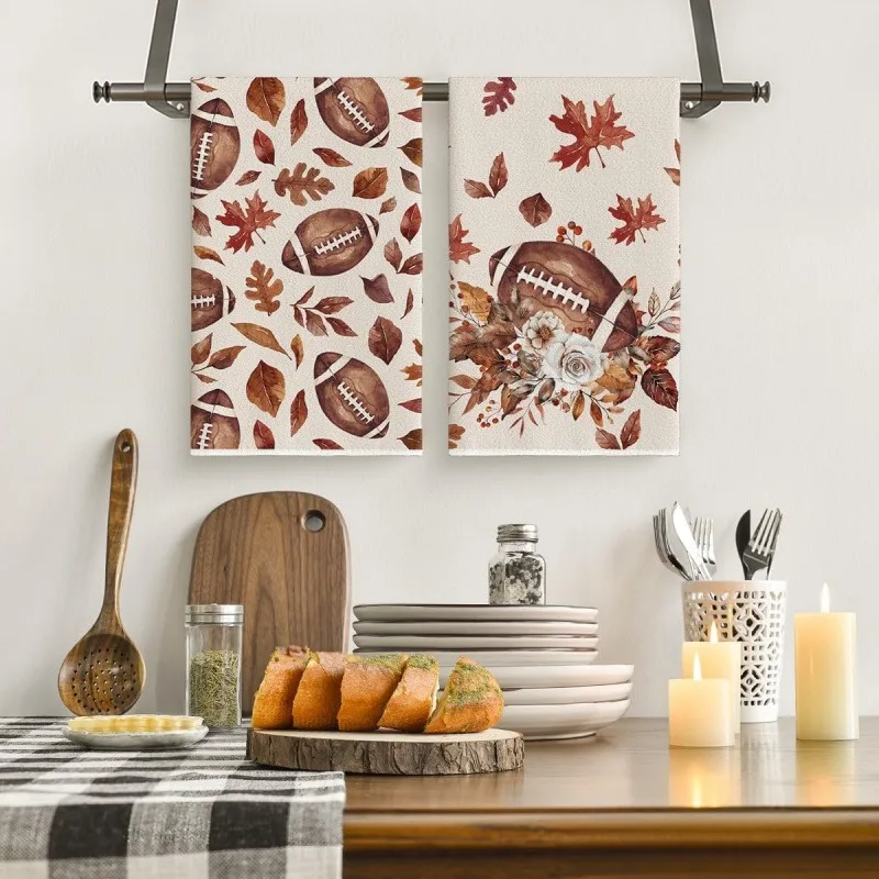 2Pcs Autumn Football Maple Leaf Kitchen Towels, Reusable and Washable Household Cleaning Cloths, Thanksgiving Table Decoration Tableware Napkins, Thanksgiving Harvest Gifts