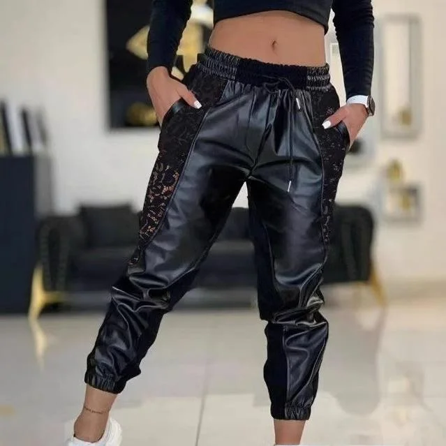 

Новые женские повседневные брюки 2025 года с вставками из ПУ, длинные, удобные, свободного кроя, с естественной талией, подходят для среднего возраста, из других материалов