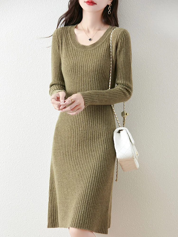 Autumn Winter Women Dress 100% Merino Wool Striped Knitted Sweater Long Sleeve Fashion Pullover V-Neck Cashmere Clothing Sales