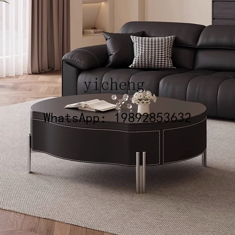 YFYblack rock slab saddle leather coffee table household retractable rotating multifunctional coffee table