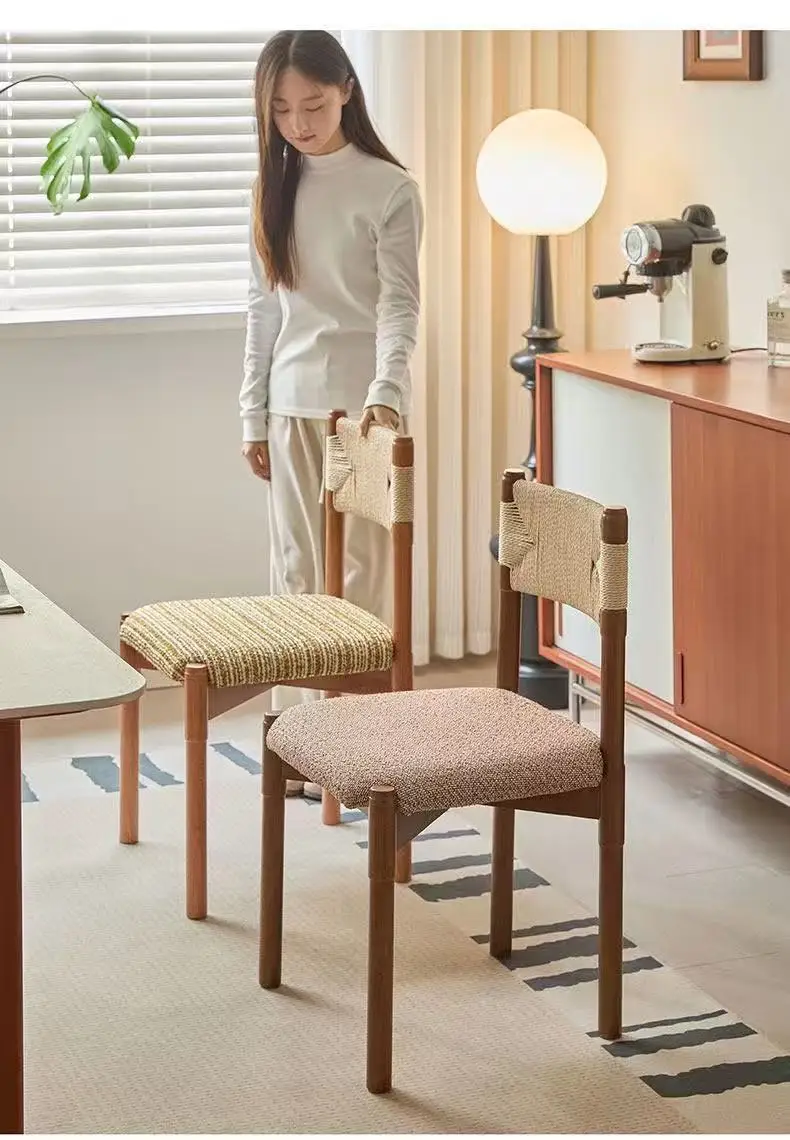 #Wooden Rope-woven Chair, Dining Chair, Small Apartment, Antique Soft-covered Backrest