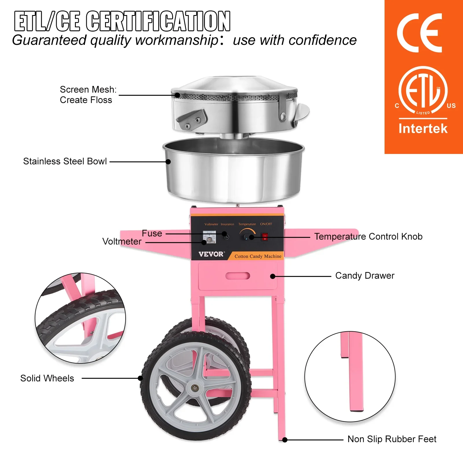 Electric Cotton Candy Machine with Cart 1000W Commercial Floss Maker with Stainless Steel Bowl Sugar Scoop and Drawer