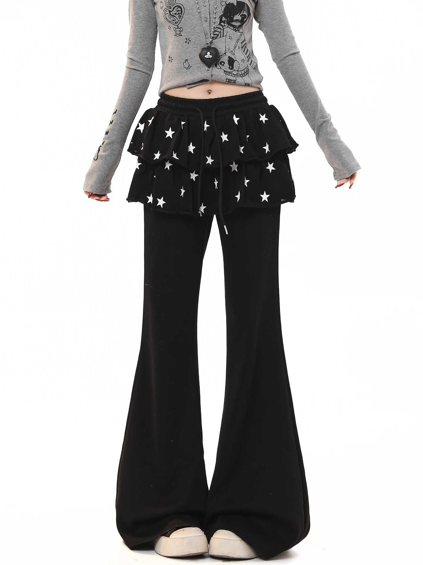 Casual High Waist Flared Pants Women's Spring Autumn  Skirt Design Slimming Leisure Sweatpants Fake Two-Piece