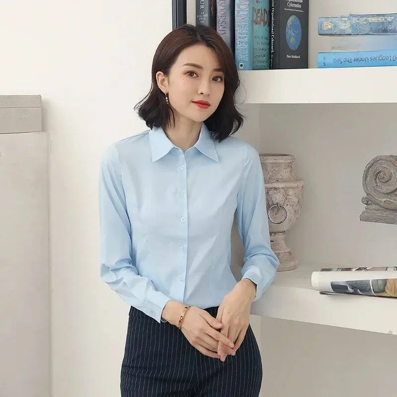 

White Professional Work Shirt for Women Long Sleeve Neck PU Leather CleanFit Waist-Cinching Mid-Aged And Elderly Suitable