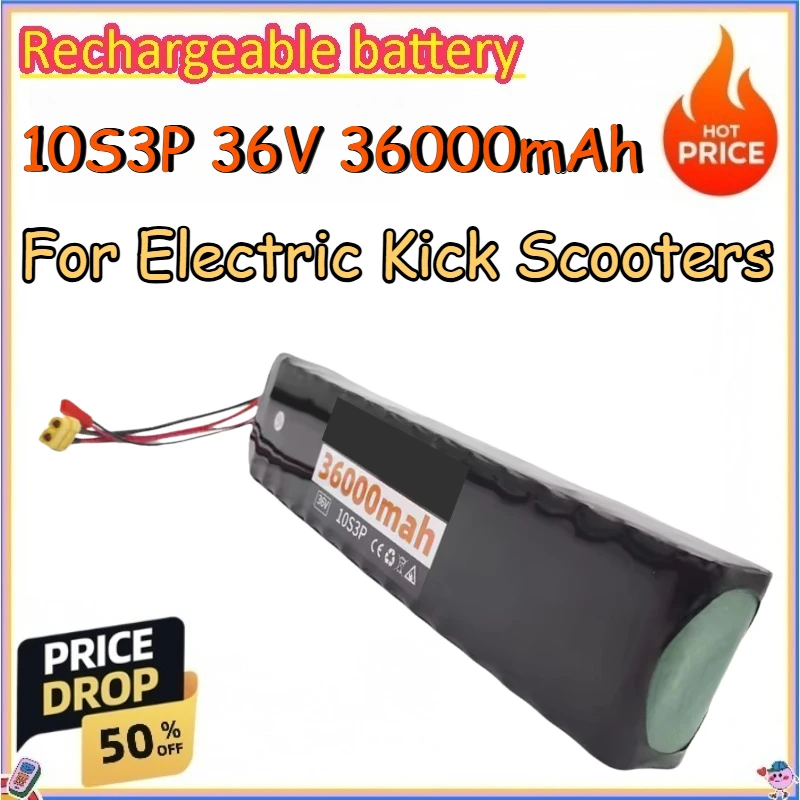 10S3P 36V 36000mAh Rechargeable Battery for Electric Kick Scooters Replace Rechargeable Lithium Batteries
