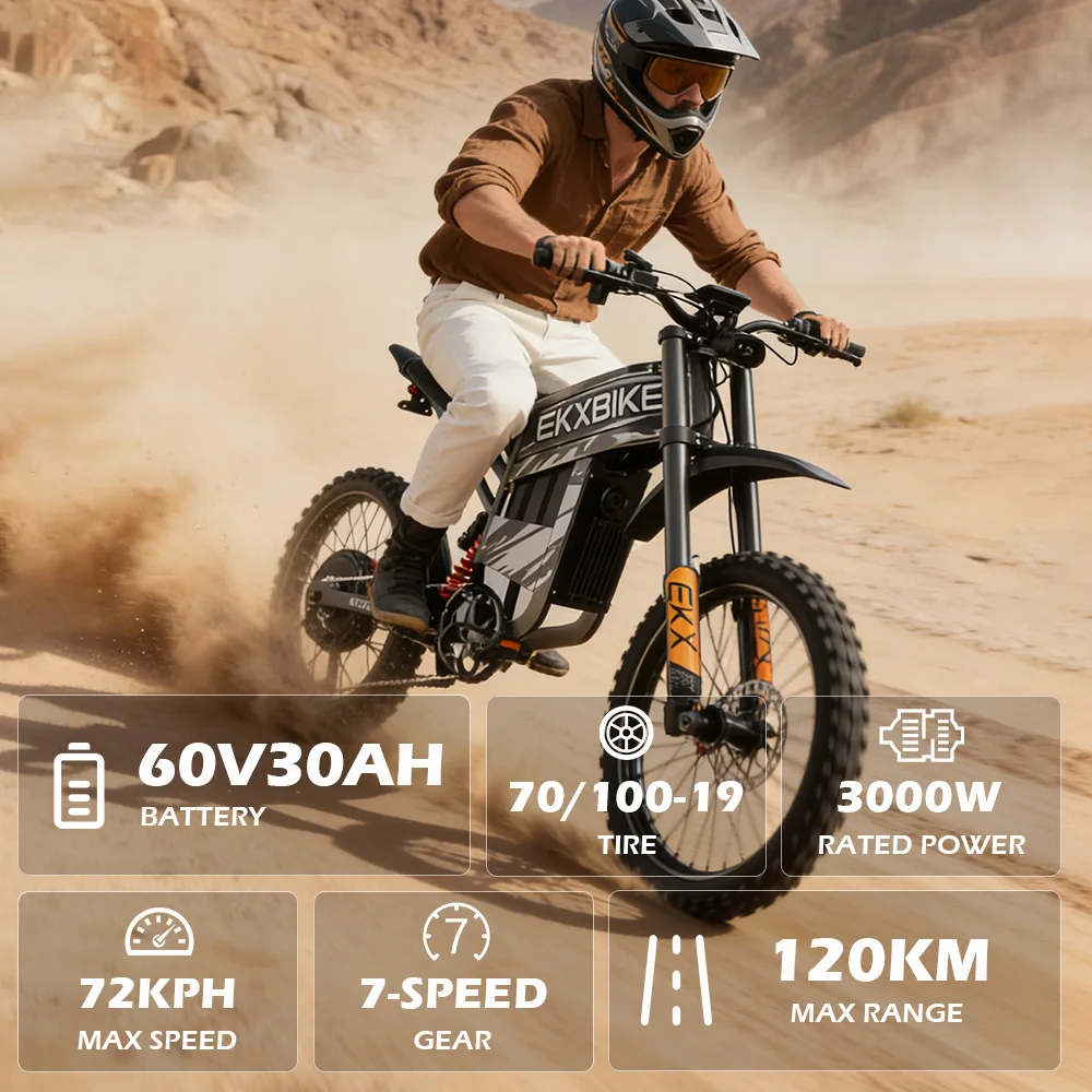 EKXBIKE TX1 Electric Motorcycle 80Km/h 6000W Peak Motor, 60V30AH Lithium Battery, Adult Off-Road Electric Mountain Bike