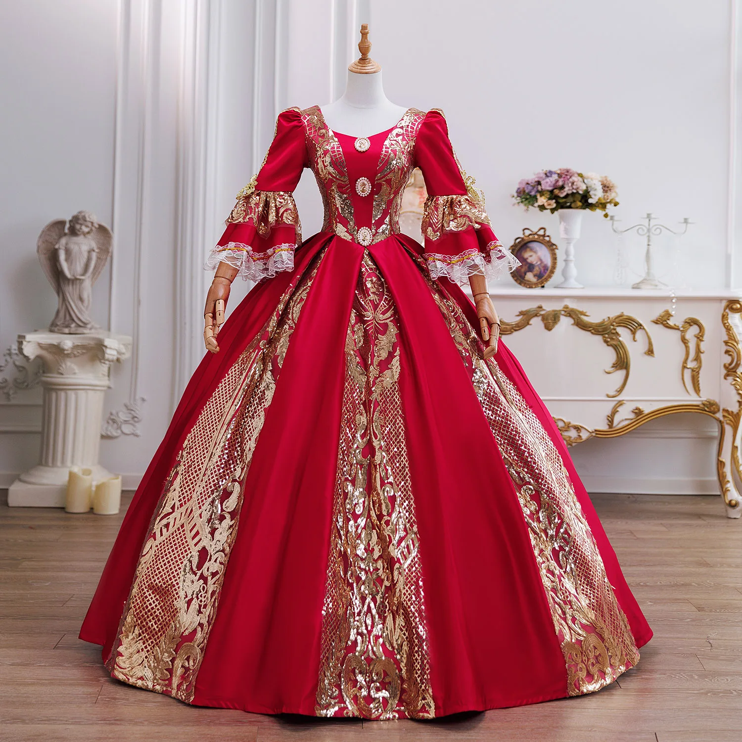 

Red Medieval Ball Gown Baroque Evening Dresses Masquerade Marie Court Prom Victorian Renaissance Parade Historic Dress