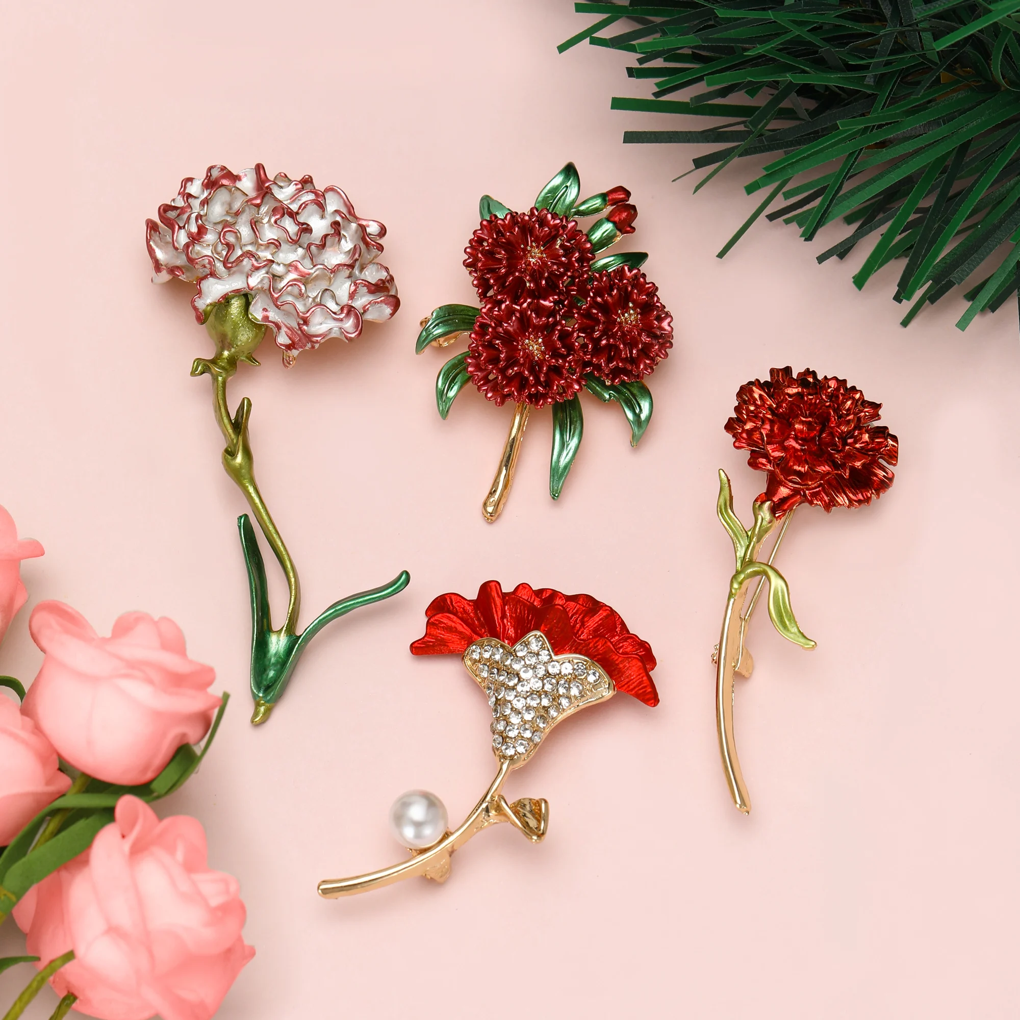 Mother's Day Enamel Carnation Brooches for Women Plant Flower Pins Gift for Mother Office Party Friend Gifts Jewelry Accessories