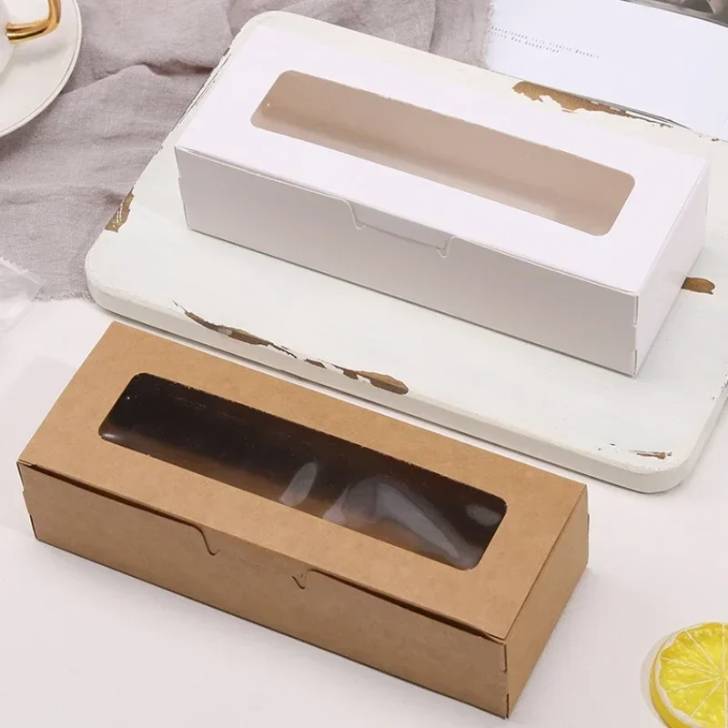 Long Leather Paper Baking Packaging Box, Pastry, Dessert, Candy, Cookie, Cake Gift Box with Clear Window, Baking Packaging Box