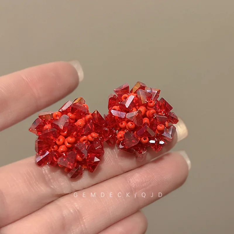 Stud Earrings Red Crystal Flower Beaded Sweet Bright Skin Spring Summer Lightweight Hypo Daily Elegant Jewelry