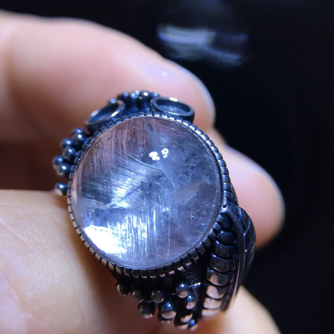 

Natural Brookite Platinum Rutilated Quartz Ring Oval 925 Sterling Silver 12/12mm Woman Men Water Drop Lucky AAAAA