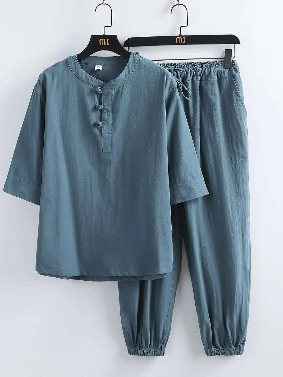 

Summer Men's Linen Cotton Blend Thin Home Wear Two-Piece Set T-Shirt Pants Sleepwear Long Sleeve Short Sleeve Comfortable