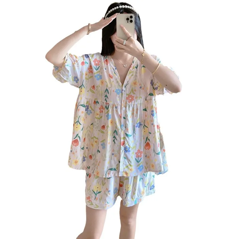 

Cute Floral Cotton Satin Pajama Sets Ensembles 2 Piece Two Piece Pants Shorts Ruffled Lady Elegant Outfit Lounge Women Pijama