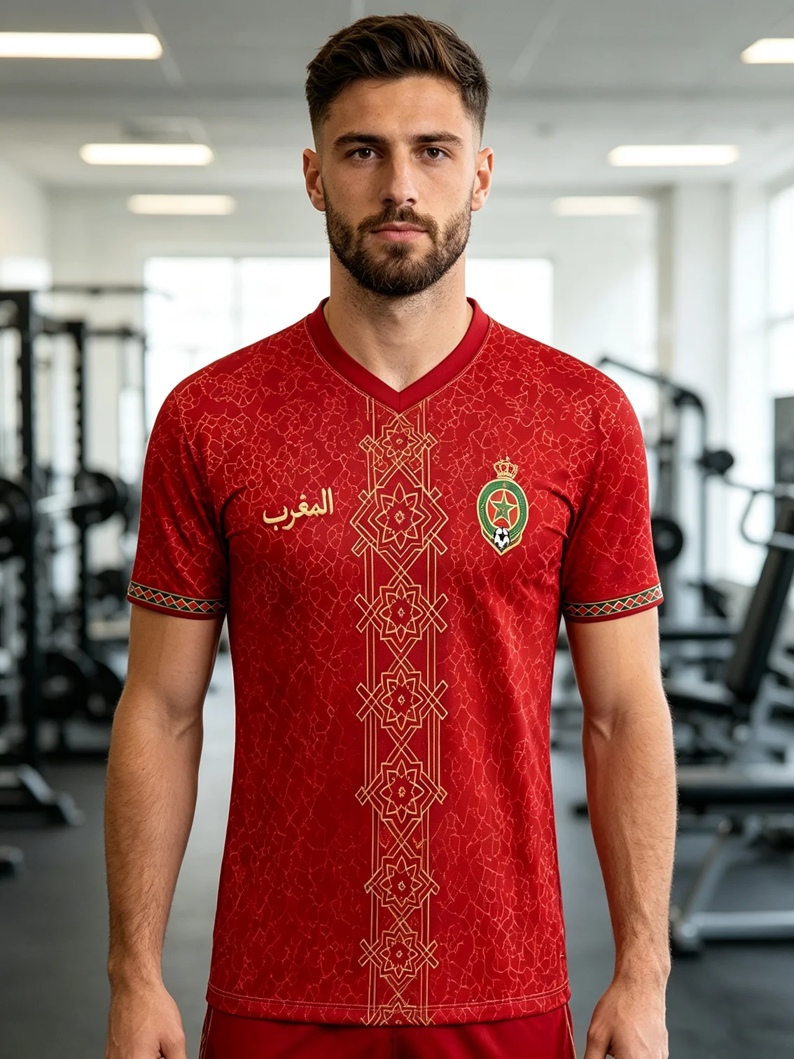 2026 Morocco V‑neck soccer jersey, traditional golden geometric print, quick‑dry breathable sports top