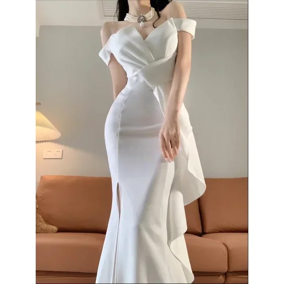 Hawlife Korean White Maxi Civil Wedding Evening Cocktail Long Dress Gown 011